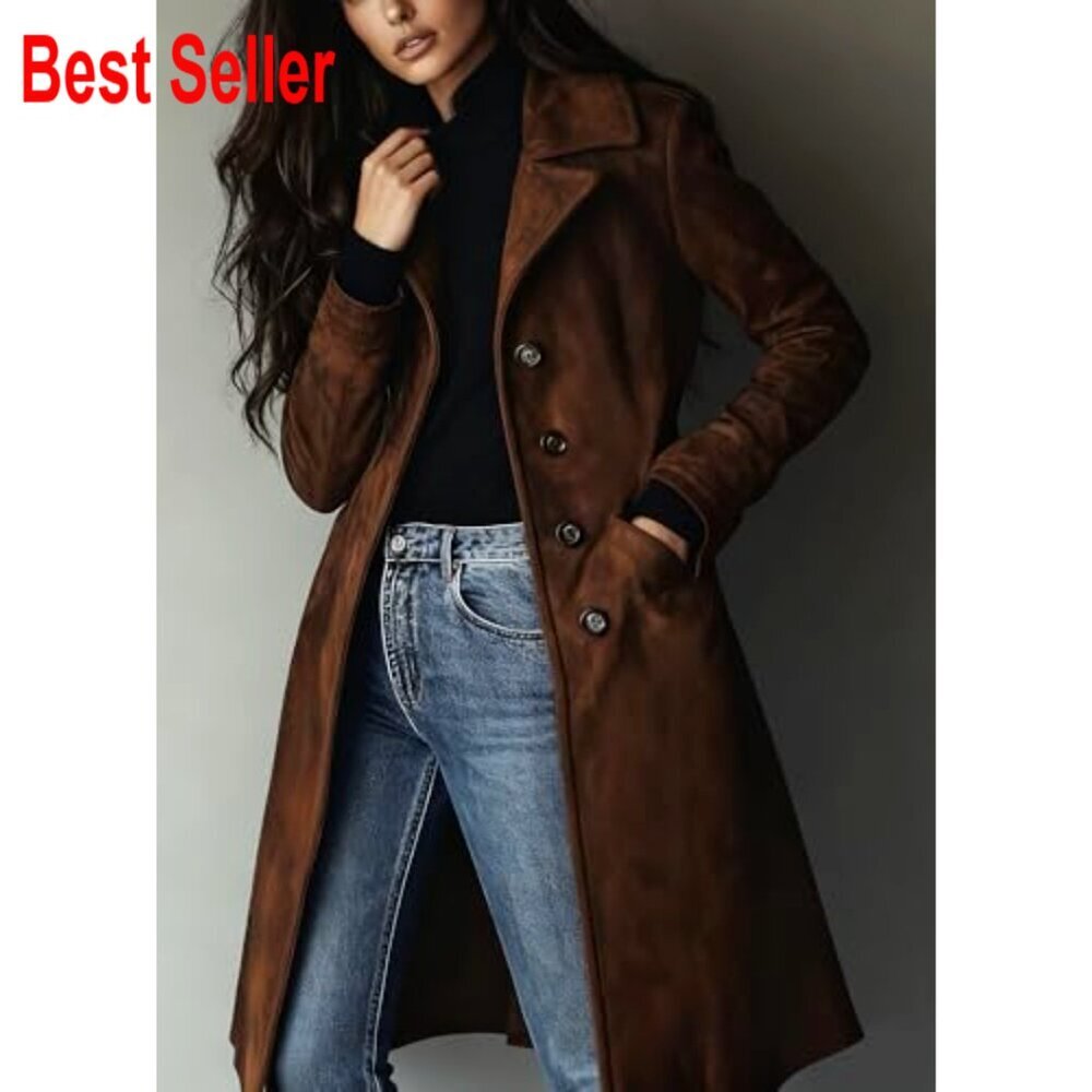 Faux Suede Trench Coat Classic Slim Fit Elegant Long Overcoat with Pockets - Picture 2 of 7